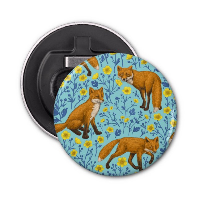 Foxes and buttercups on pool blue bottle opener (Front)