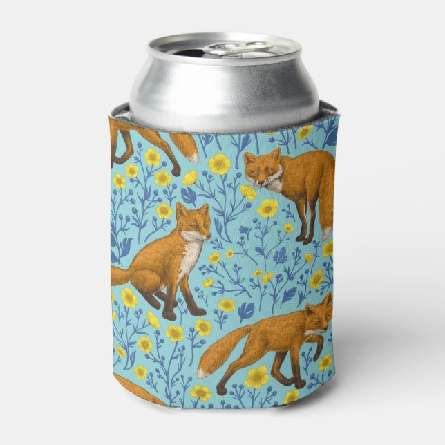 Foxes and buttercups on pool blue can cooler (Can Front)