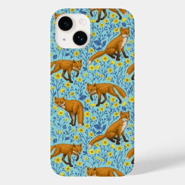 Foxes and buttercups on pool blue Case-Mate iPhone case (Back)