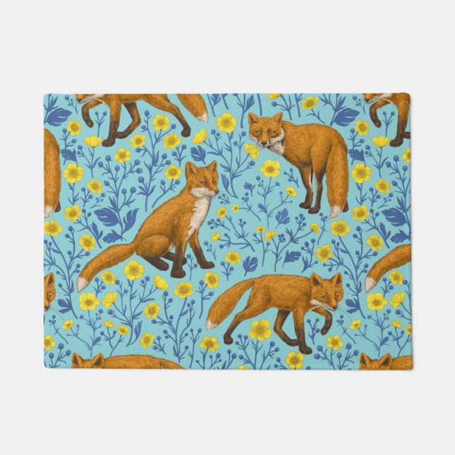 Foxes and buttercups on pool blue doormat (Front)