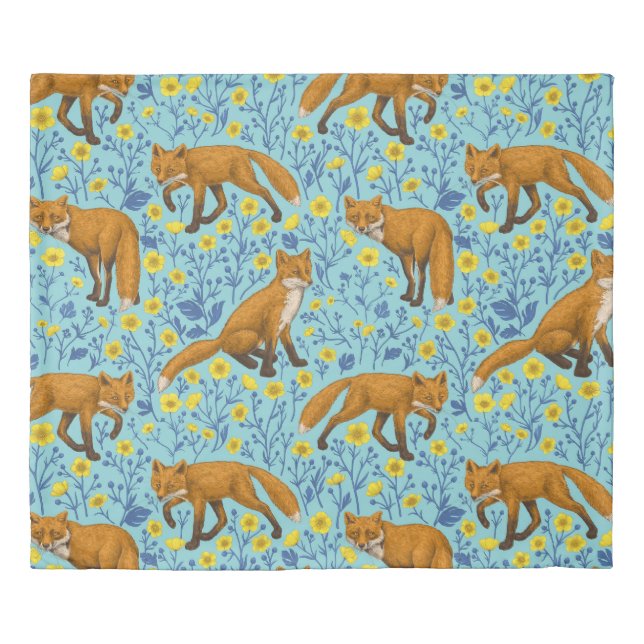 Foxes and buttercups on pool blue duvet cover (Front)