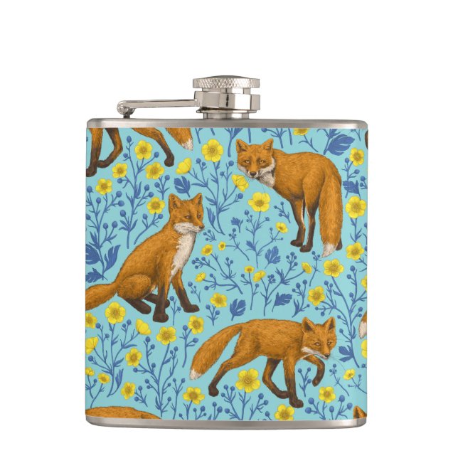 Foxes and buttercups on pool blue flask (Front)