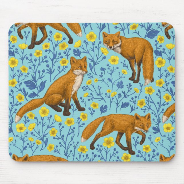 Foxes and buttercups on pool blue mouse pad (Front)