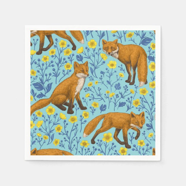 Foxes and buttercups on pool blue napkins (Front)