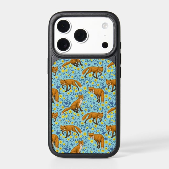 Foxes and buttercups on pool blue otterbox iPhone case (Back)