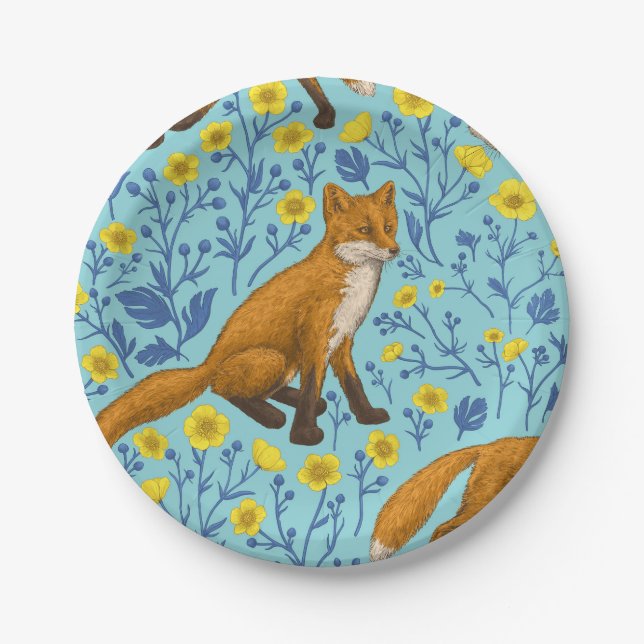 Foxes and buttercups on pool blue paper plates (Front)