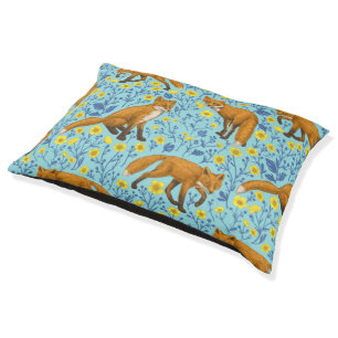 Foxes and buttercups on pool blue pet bed