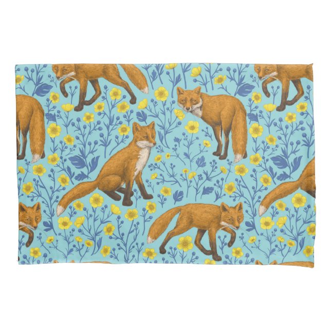 Foxes and buttercups on pool blue pillow case (Front-Left)