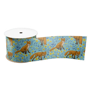 Foxes and buttercups on pool blue satin ribbon
