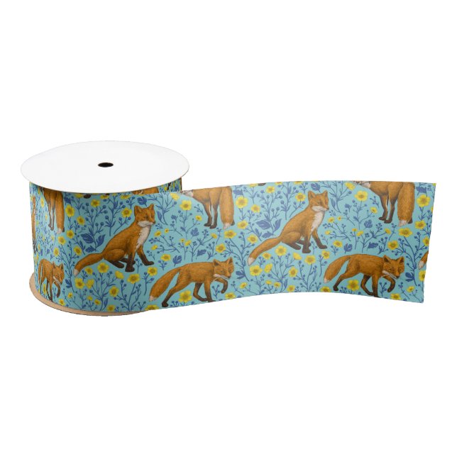 Foxes and buttercups on pool blue satin ribbon (Spool)