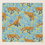 Foxes and buttercups on pool blue scarf<br><div class="desc">Hand-painted pattern with foxes and buttercups</div>