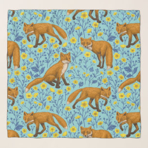 Foxes and buttercups on pool blue scarf