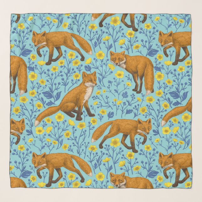 Foxes and buttercups on pool blue scarf (Front)