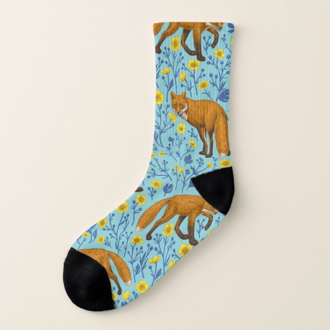 Foxes and buttercups on pool blue socks (Left Outside)