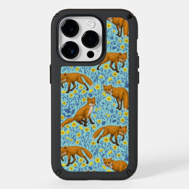 Foxes and buttercups on pool blue speck iPhone case (Front)