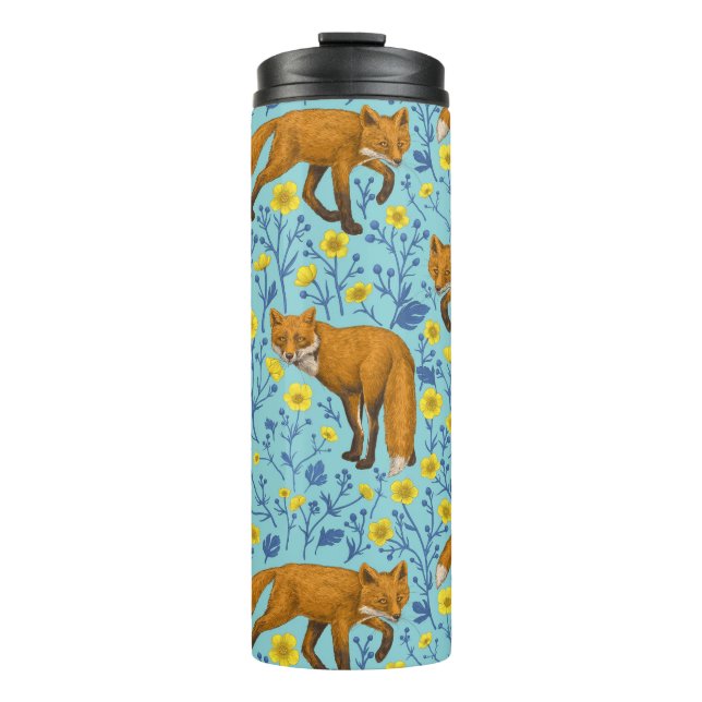 Foxes and buttercups on pool blue thermal tumbler (Front)