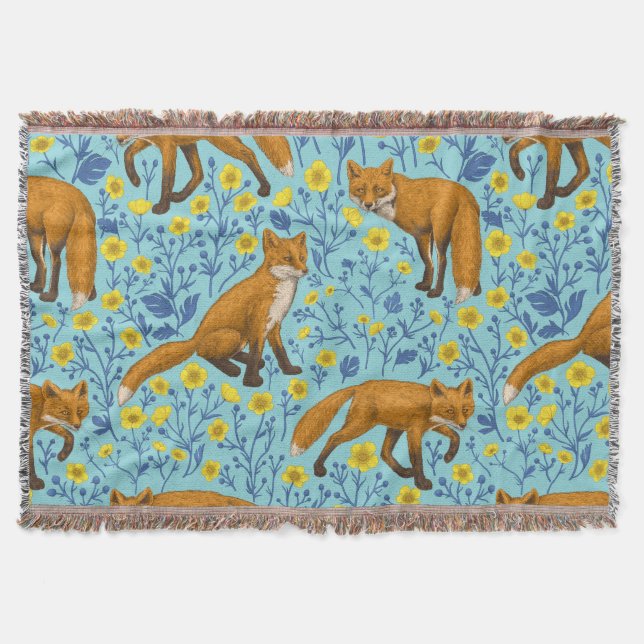 Foxes and buttercups on pool blue throw blanket (Front)