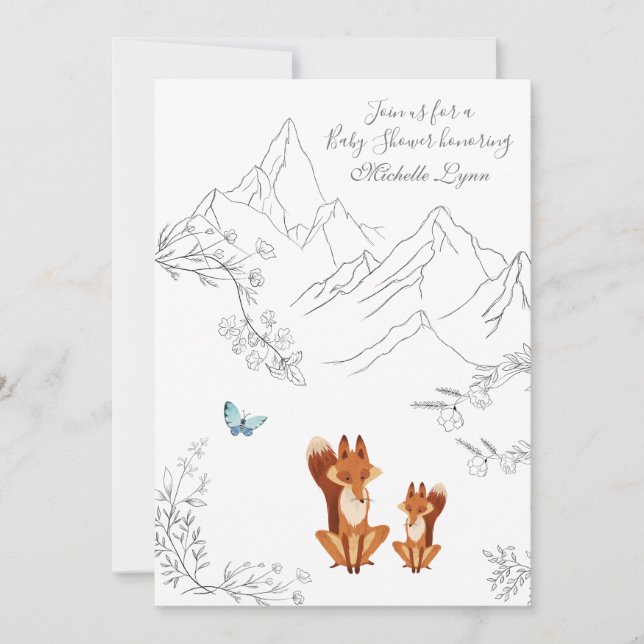 Foxes and Butterfly Mountain Woodland Baby Shower Invitation (Front)