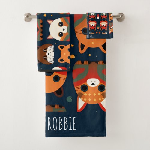 Foxes and cats in the forest Retro Pattern Bath Towel Set