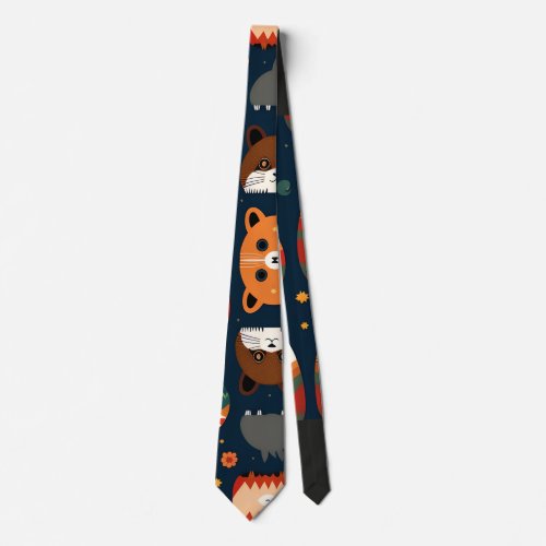 Foxes and cats in the forest Retro Pattern Neck Tie