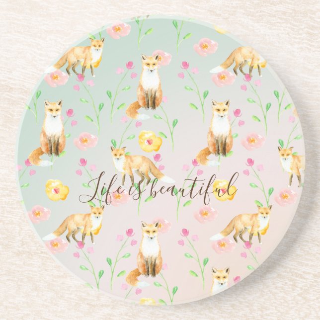 Foxes and Flowers Pink Yellow Mint Ombre       Coaster (Front)