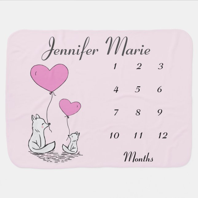 Foxes and Heart Balloons Monthly Milestone Blanket (Horizontal)