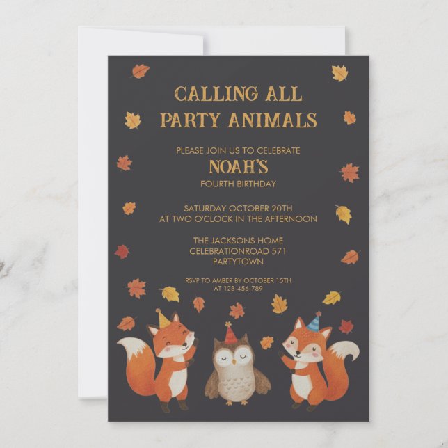 Foxes and Owl Woodland Fall Kids Birthday Party Invitation (Front)