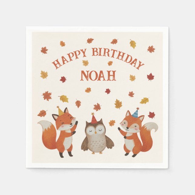 Foxes and Owl Woodland Fall Kids Birthday Party Napkins (Front)