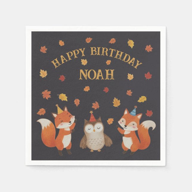 Foxes and Owl Woodland Fall Kids Birthday Party Napkins (Front)