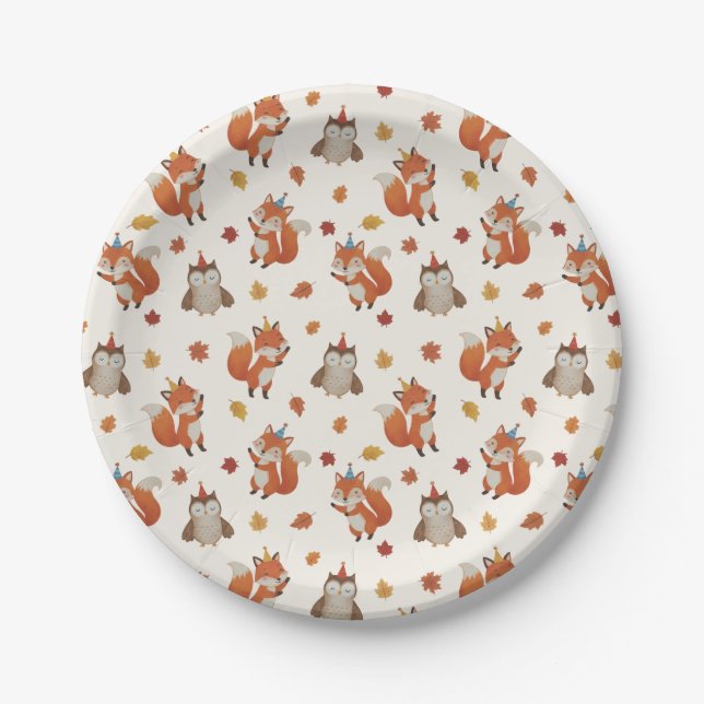 Foxes and Owl Woodland Fall Kids Birthday Party Paper Plates (Front)