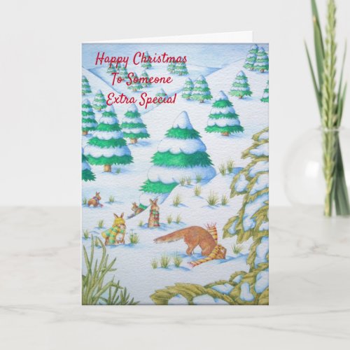 foxes and rabbits playing in the snow christmas holiday card