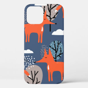 Foxes and trees, hand drawn backdrop. Colorful sea iPhone 12 Case