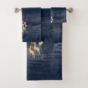 Foxes at Night Shrine Vintage Ukiyo-e Japanese Art Bath Towel Set