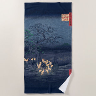 Foxes at Night Shrine Vintage Ukiyo-e Japanese Art Beach Towel