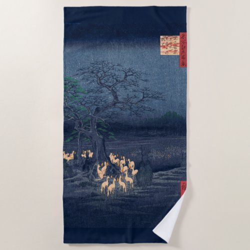 Foxes at Night Shrine Vintage Ukiyo_e Japanese Art Beach Towel