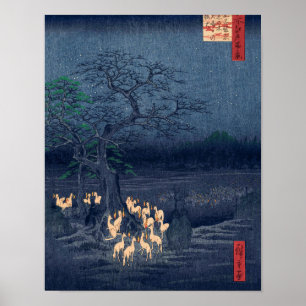Foxes at Night Shrine Vintage Ukiyo-e Japanese Art Poster