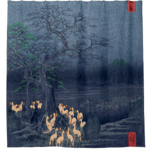 Foxes at Night Shrine Vintage Ukiyo-e Japanese Art Shower Curtain