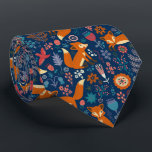 Foxes Birds & Retro Flowers Pattern Tie<br><div class="desc">Cute colorful birds foxes and retro flowers over custom blue background.</div>
