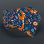 Foxes Birds & Retro Flowers Pattern Tie<br><div class="desc">Cute colorful birds foxes and retro flowers over custom blue background.</div>