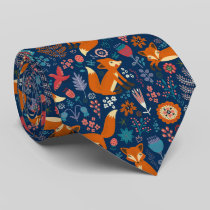 Foxes Birds & Retro Flowers Pattern Tie
