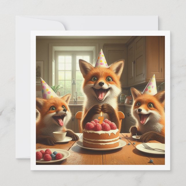 Foxes eating cake, foxes birthday invitation (Front)
