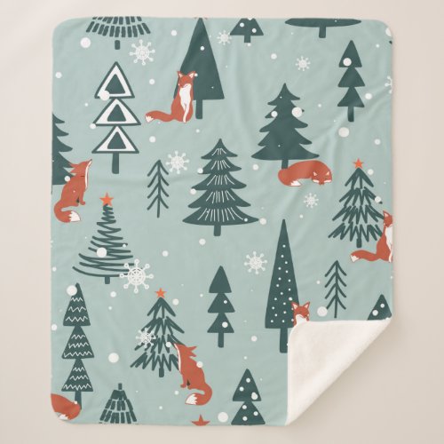 Foxes fir_trees snow hand drawn Colorful seaml Sherpa Blanket