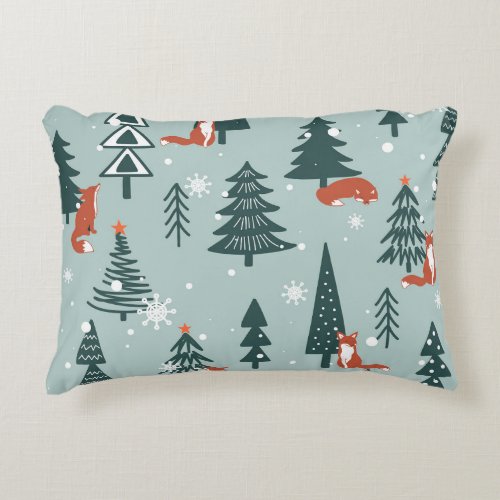 Foxes fir_trees winter colorful pattern accent pillow