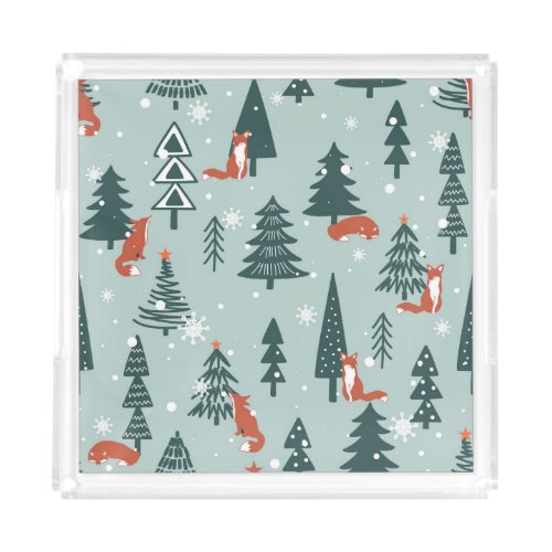 Foxes fir_trees winter colorful pattern acrylic tray