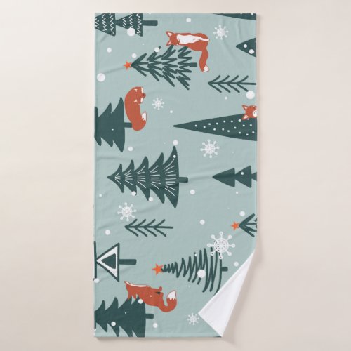 Foxes fir_trees winter colorful pattern bath towel