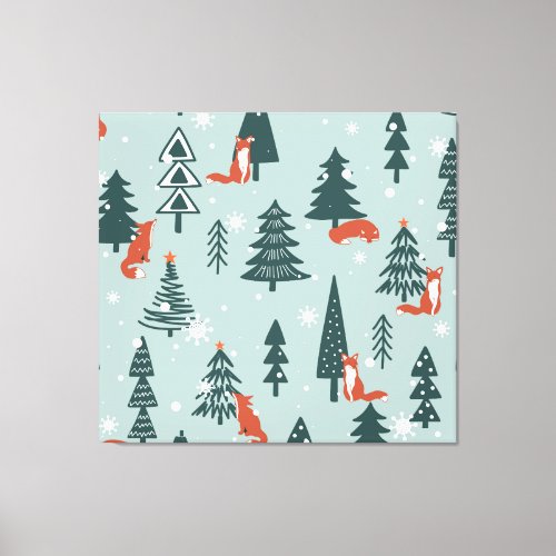 Foxes fir_trees winter colorful pattern canvas print