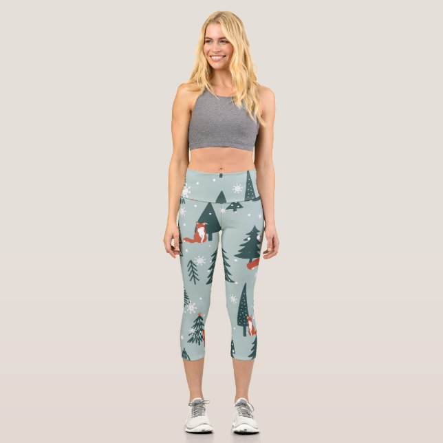 Foxes, fir-trees, winter, colorful pattern capri leggings (Front)