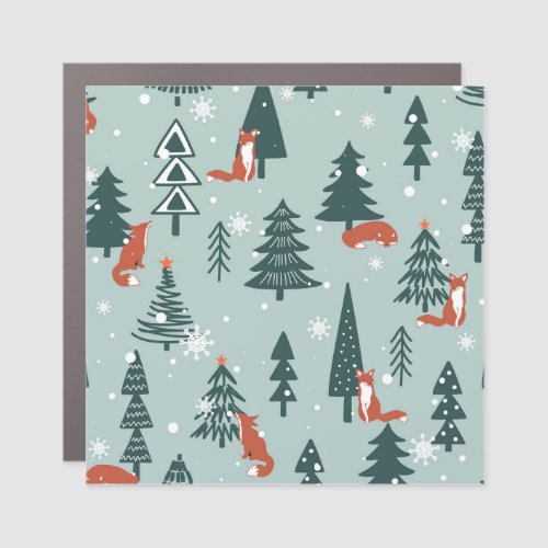 Foxes fir_trees winter colorful pattern car magnet