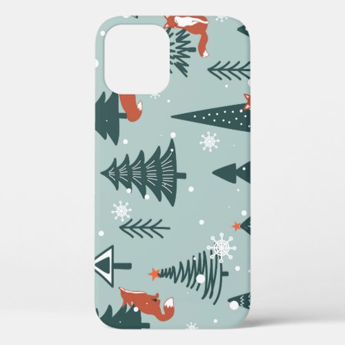 Foxes fir_trees winter colorful pattern iPhone 12 case