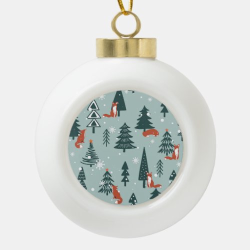 Foxes fir_trees winter colorful pattern ceramic ball christmas ornament